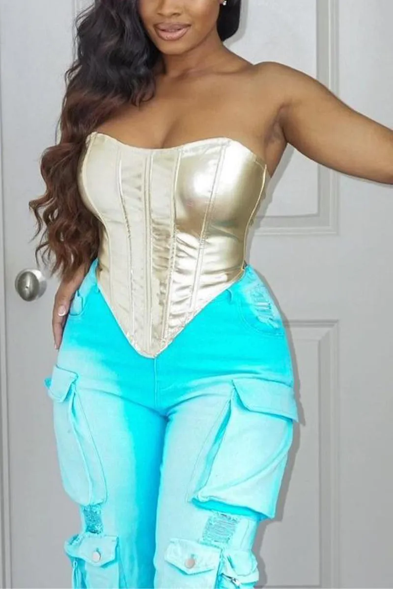 Metallic Cross Tie Back Irregular Hem Corset Top