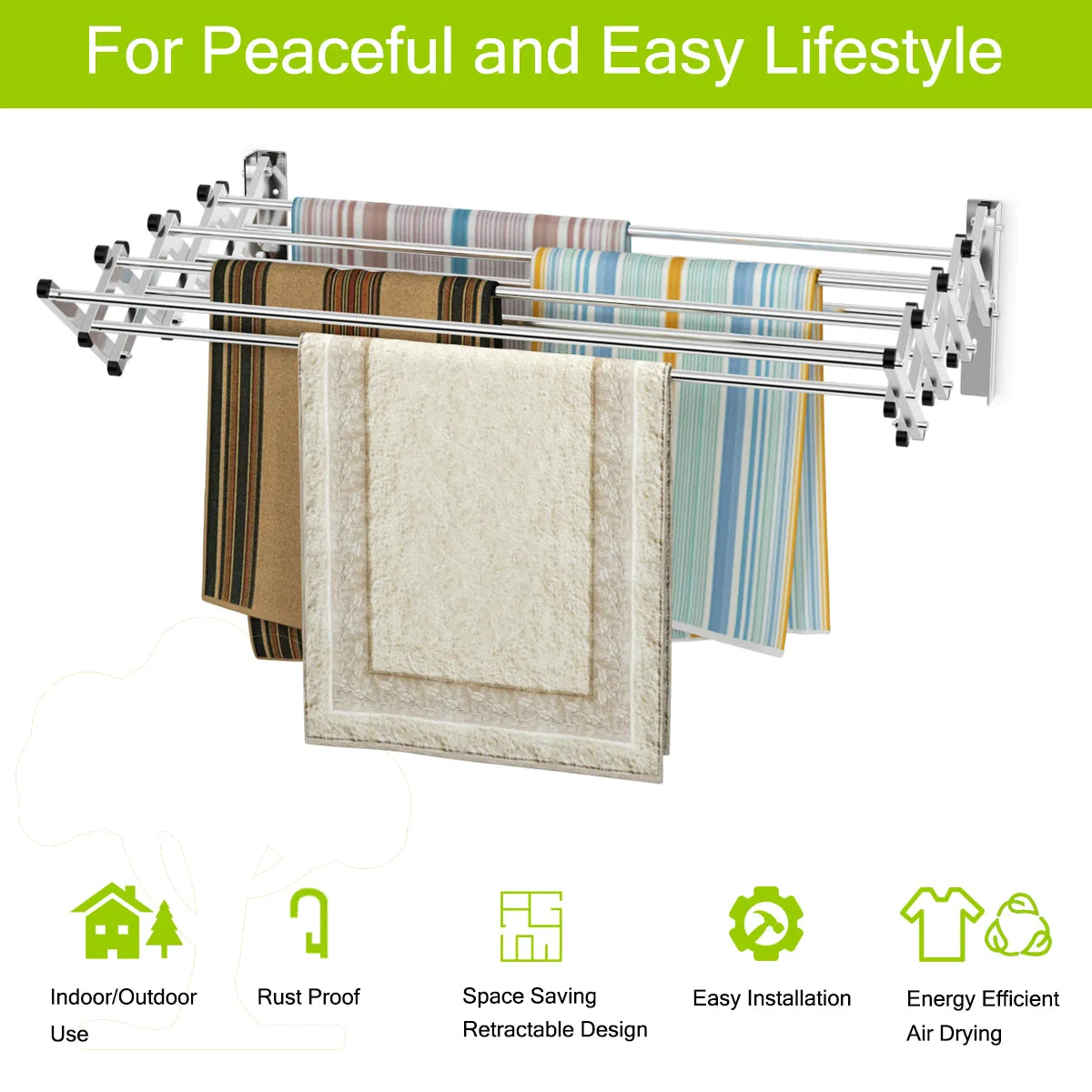 NNECW Wall-mounted Stainless Steel Expandable Drying Rack with 8 Rods