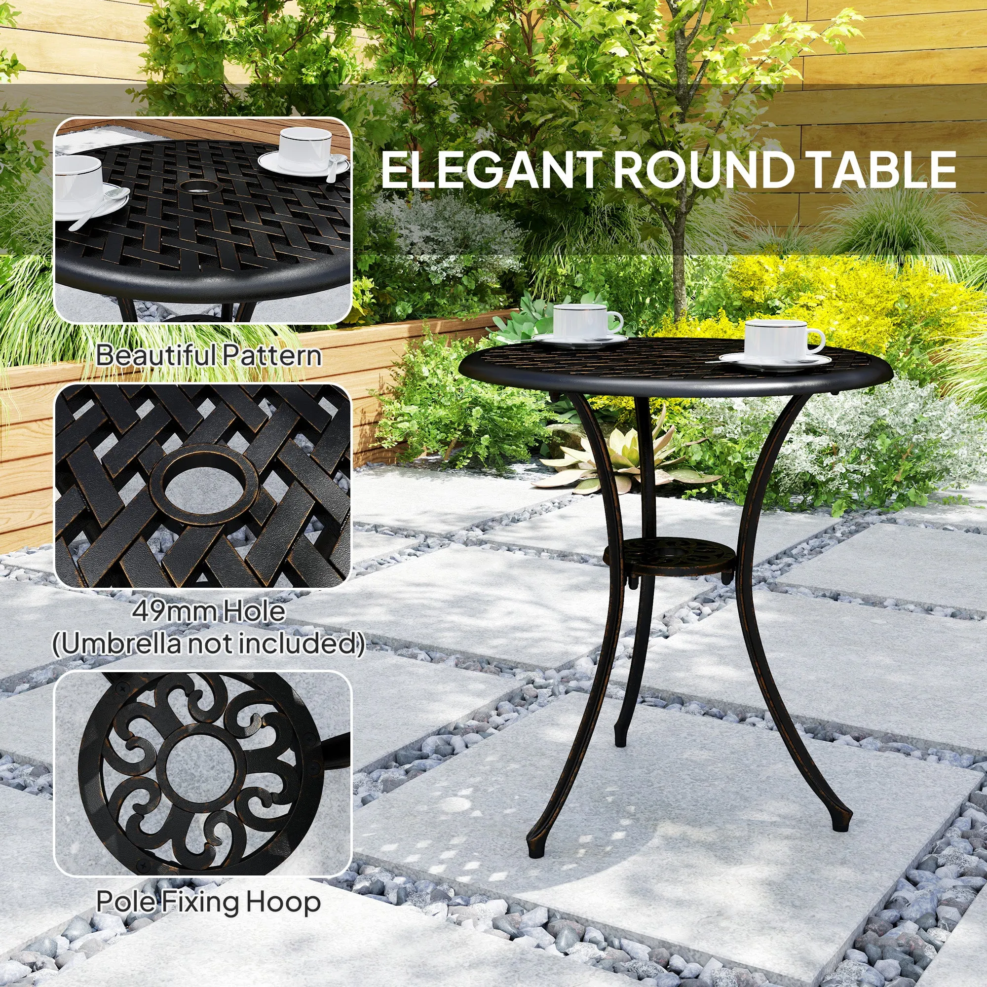 Outsunny 3 Pieces Garden Dining Set for 2, Cast Aluminium Outdoor Dining Set with 2 Armchairs and Round Dining Table with Parasol Hole, Garden Furniture Set, Bronze Tone