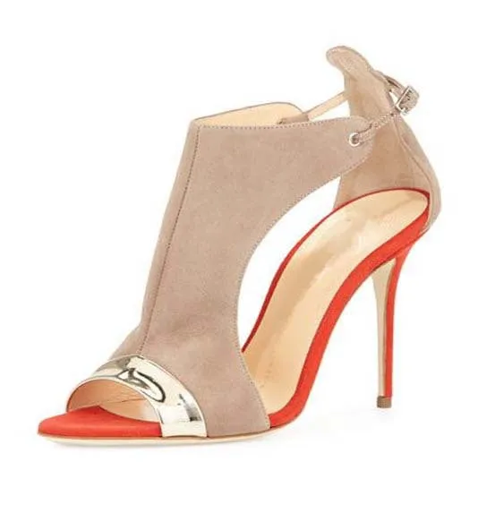 Patchwork Suede Stiletto Heel Peep-toe Ankle Strap High Heels Sandals
