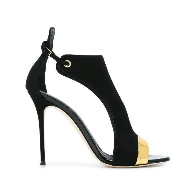 Patchwork Suede Stiletto Heel Peep-toe Ankle Strap High Heels Sandals