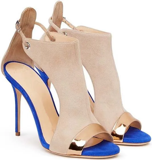 Patchwork Suede Stiletto Heel Peep-toe Ankle Strap High Heels Sandals