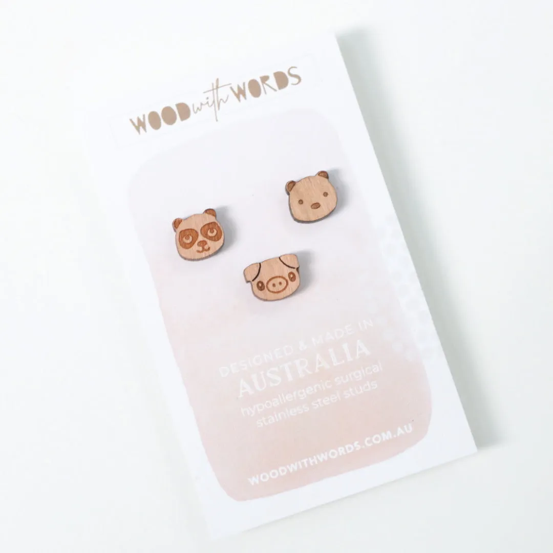 Pig Panda Bear Trio Stud Earring Set