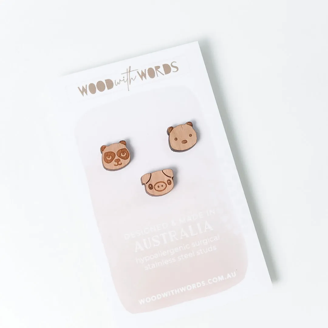 Pig Panda Bear Trio Stud Earring Set