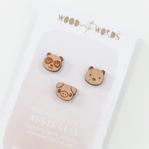 Pig Panda Bear Trio Stud Earring Set