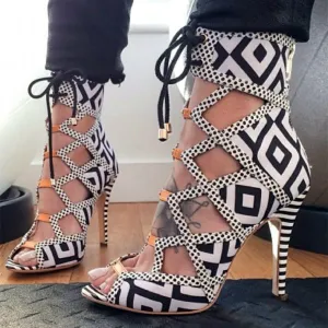 Plaid Hollow Out Ankle Wrap Stiletto High Heel Sandals