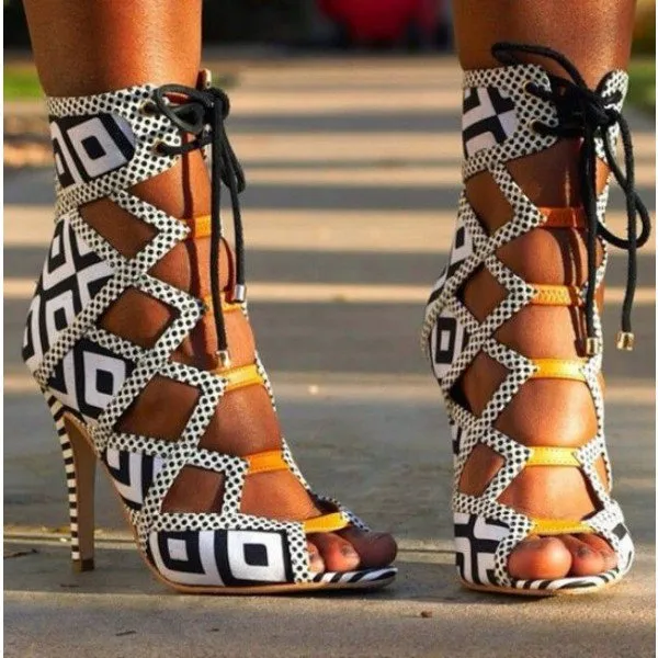 Plaid Hollow Out Ankle Wrap Stiletto High Heel Sandals
