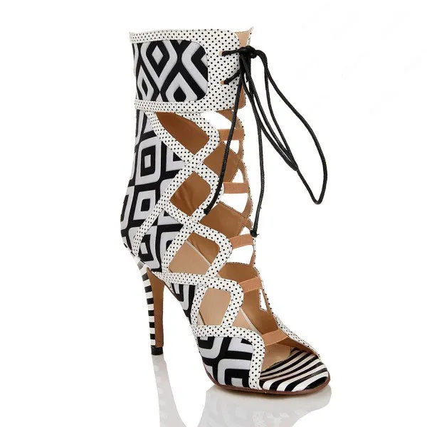 Plaid Hollow Out Ankle Wrap Stiletto High Heel Sandals