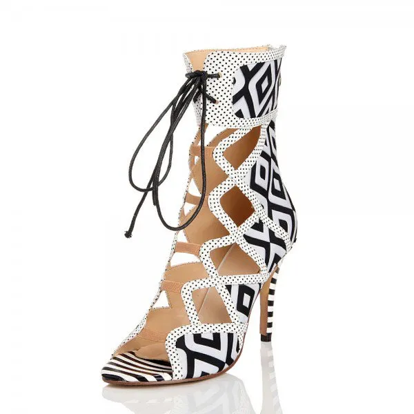 Plaid Hollow Out Ankle Wrap Stiletto High Heel Sandals