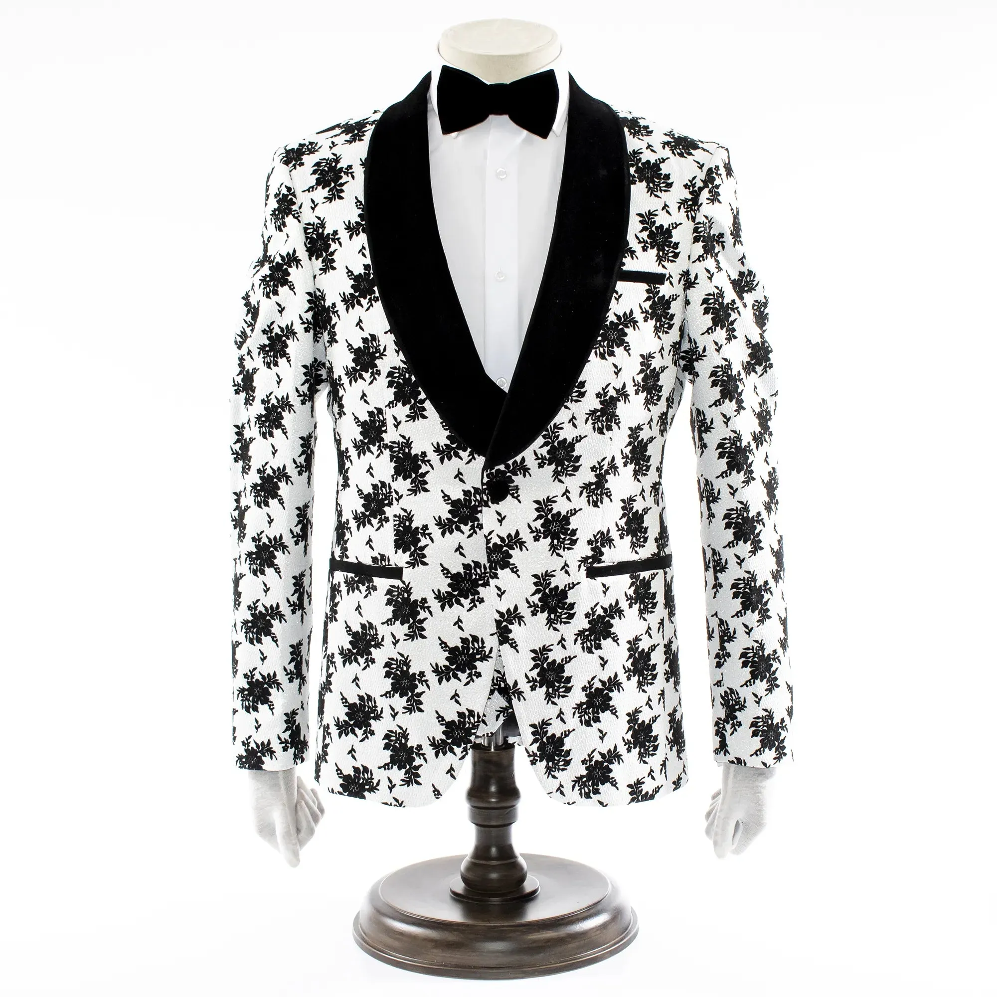 Platinum with Black Floral Pattern 3-Piece Tailored-Fit Tuxedo