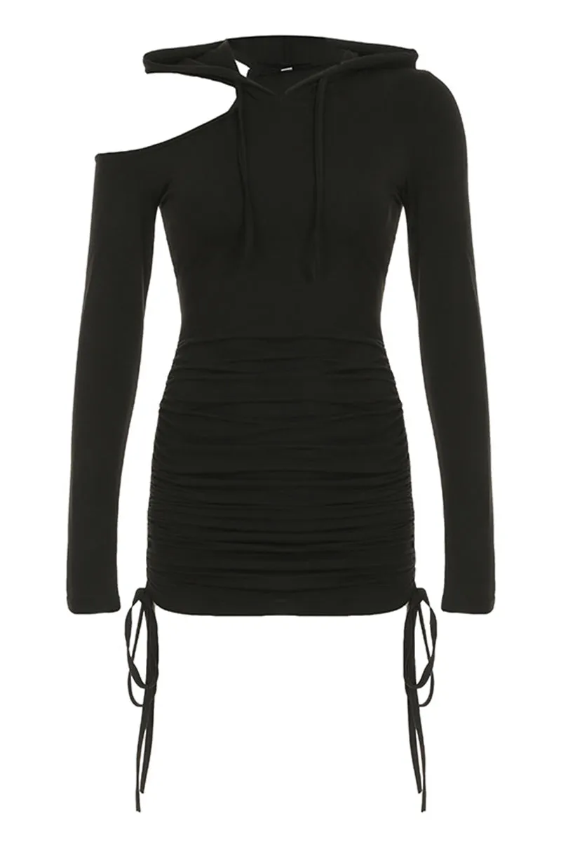Pleated Drawstring Long Sleeve Hooded Dress