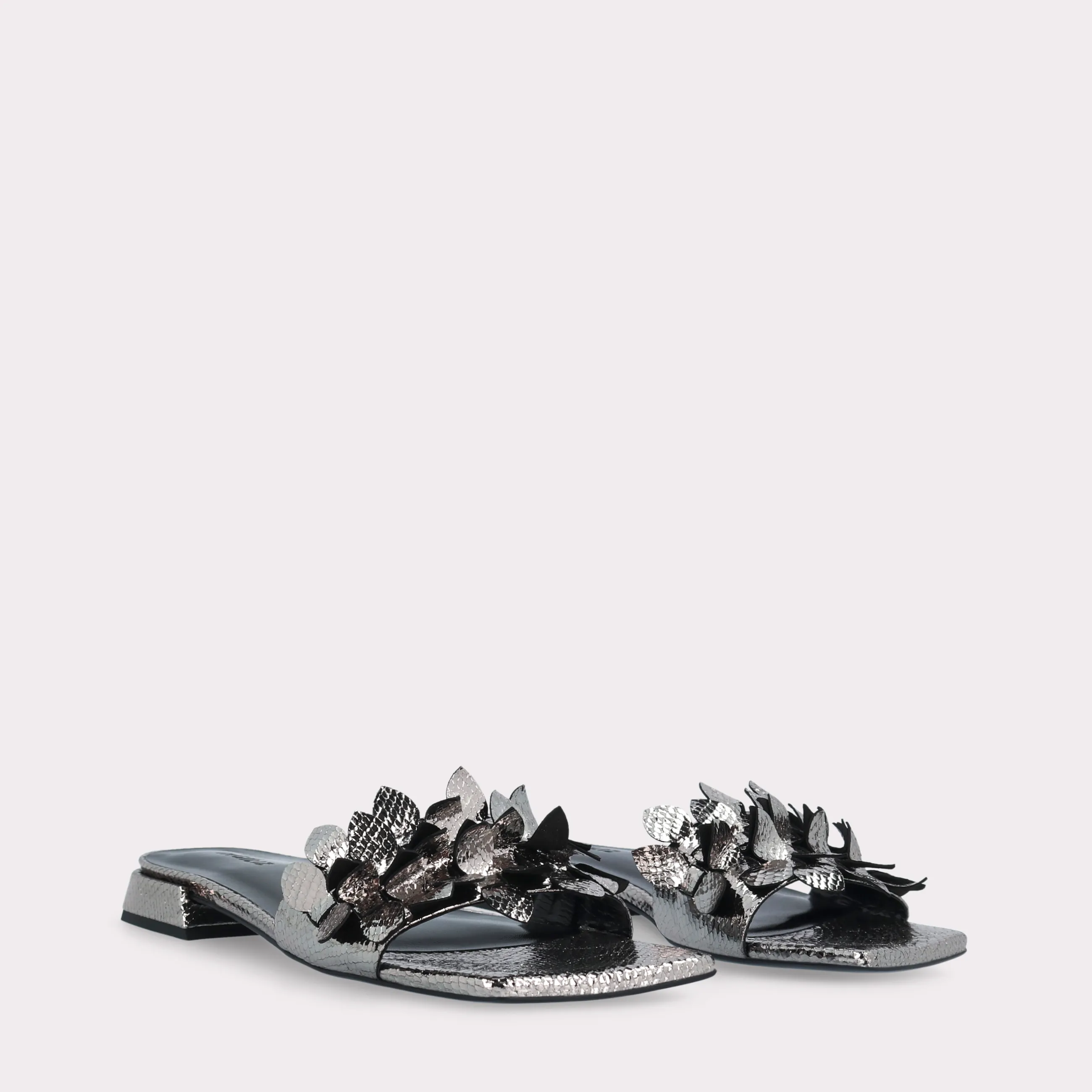 POLLY 01 MINI VIPER MIRROR DARK SILVER LEATHER MULES