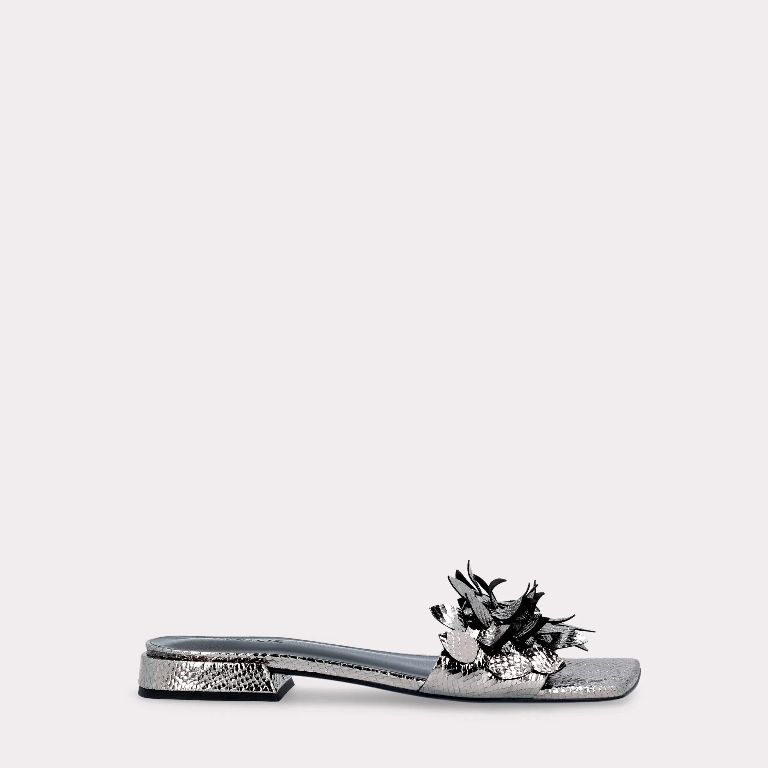 POLLY 01 MINI VIPER MIRROR DARK SILVER LEATHER MULES