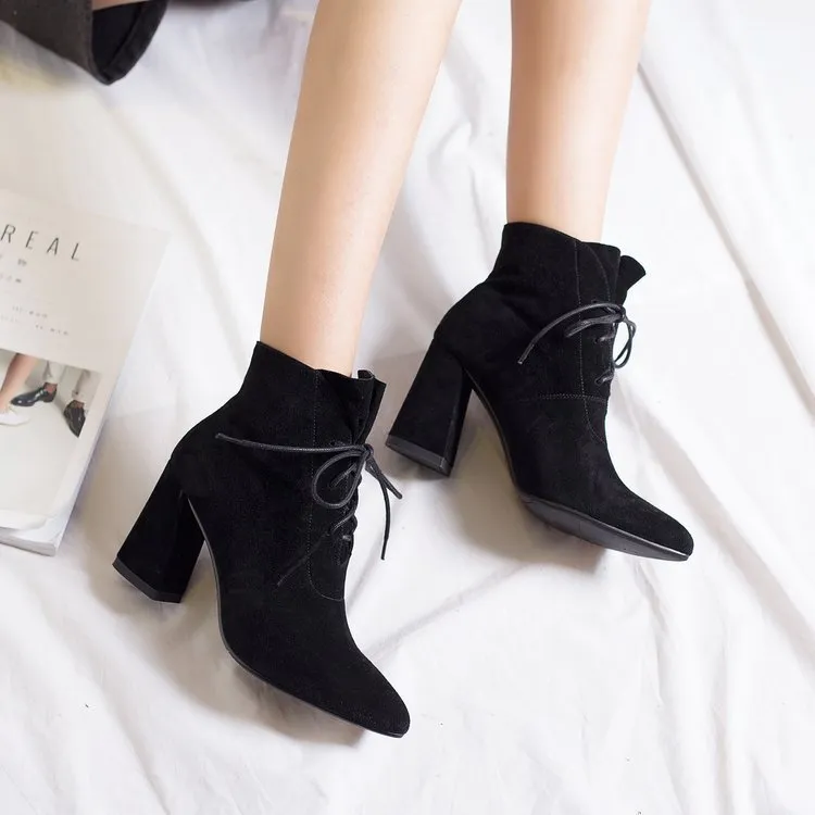 Pure Color Pointed Toe Suede High Chunky Heel Lace Up Short Boots