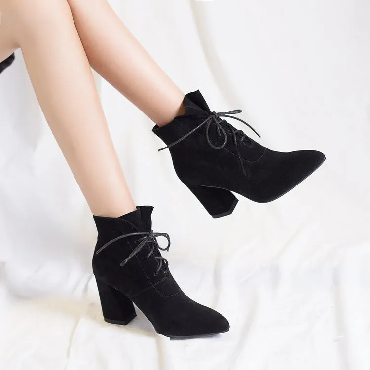 Pure Color Pointed Toe Suede High Chunky Heel Lace Up Short Boots