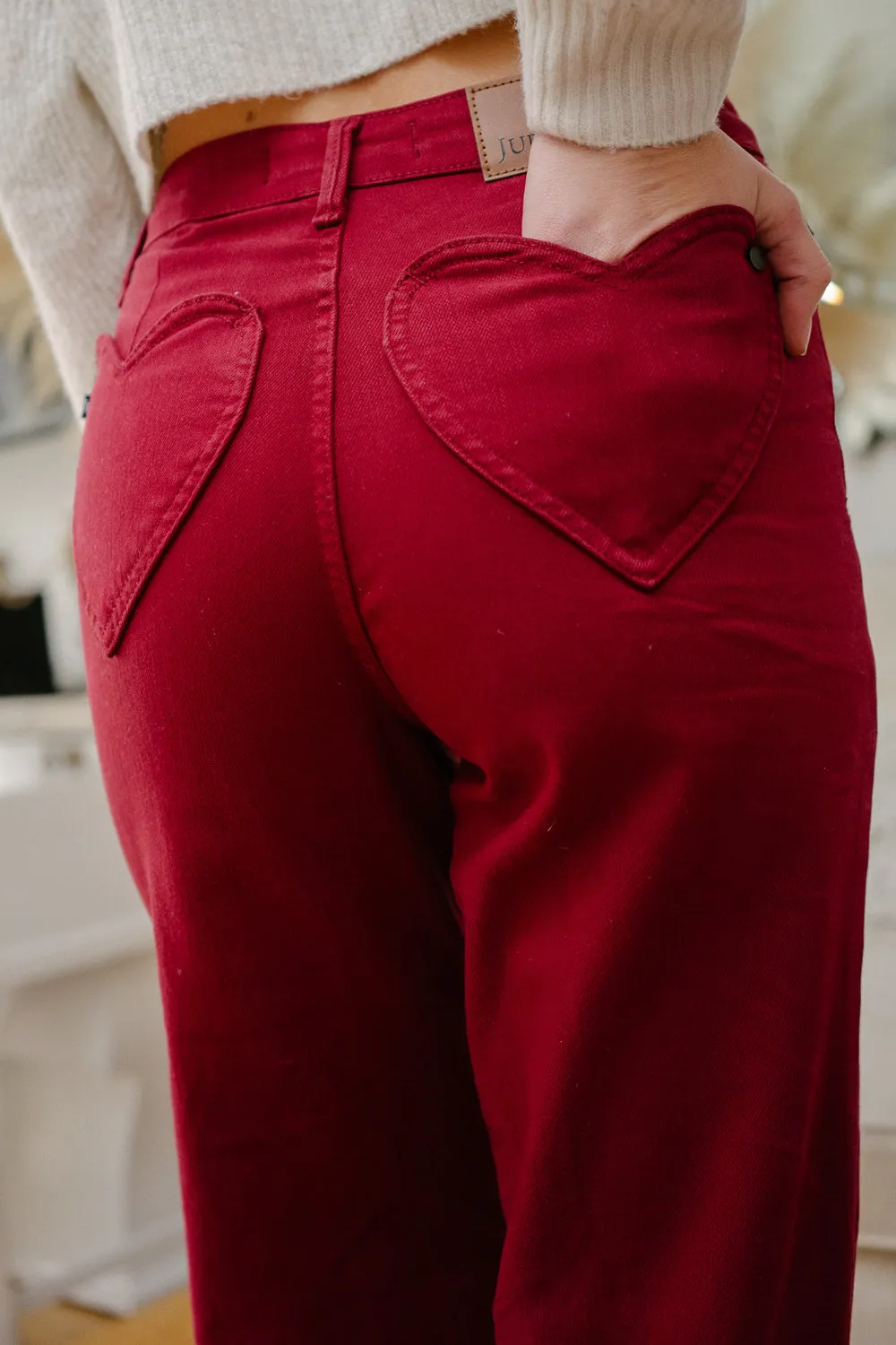 Rebecca High Rise 90's Straight Red Jeans with a Heart Pocket Design