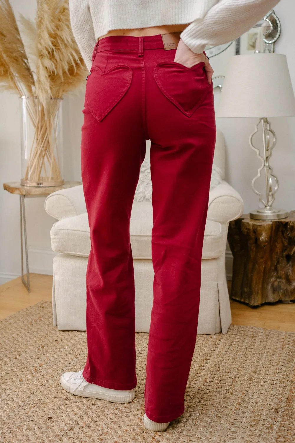 Rebecca High Rise 90's Straight Red Jeans with a Heart Pocket Design