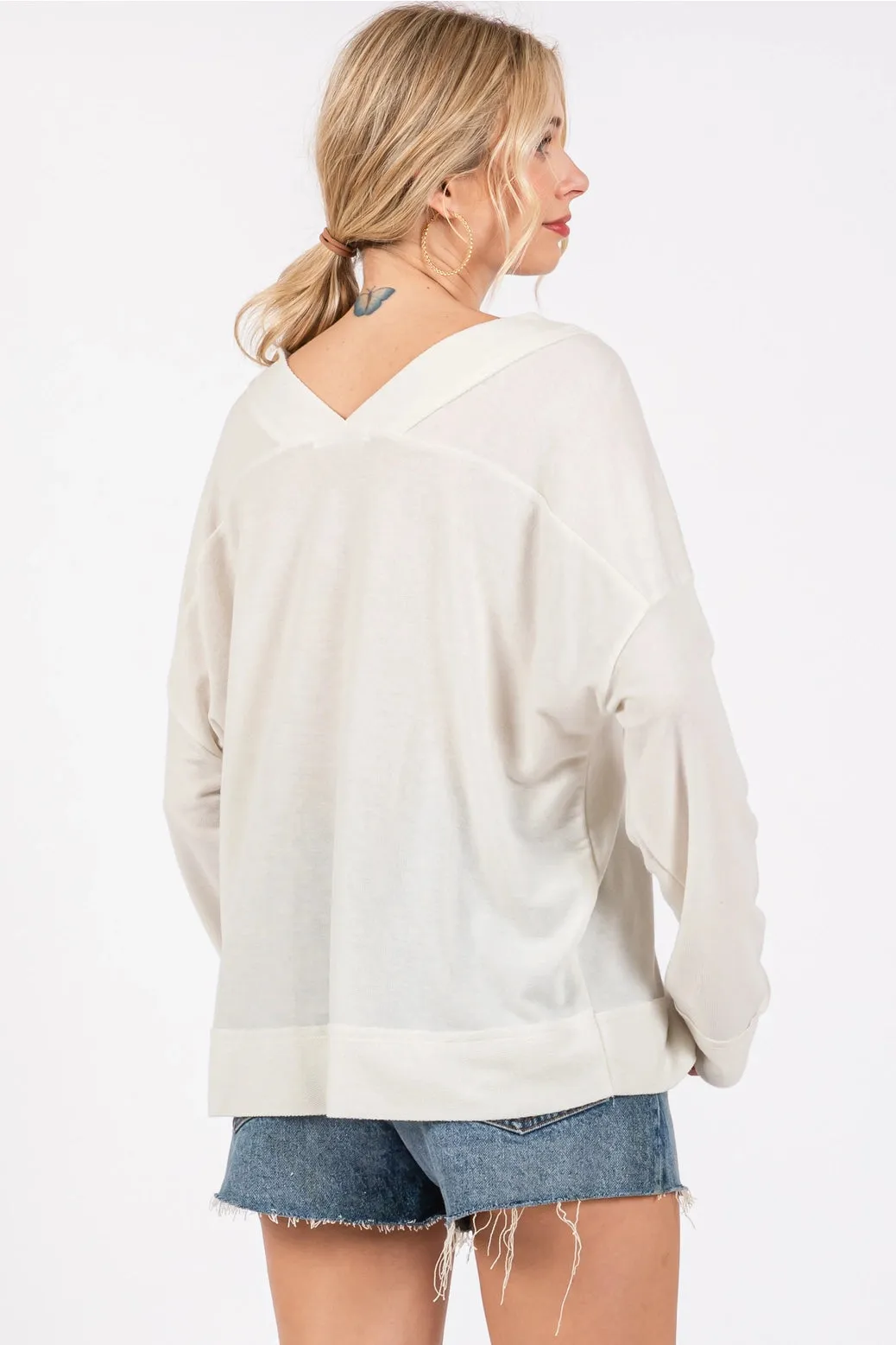 Reverse Seam Comfort Fit V-Neck Long Sleeve TopOff White
