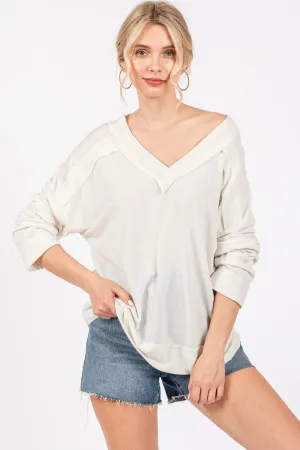 Reverse Seam Comfort Fit V-Neck Long Sleeve TopOff White