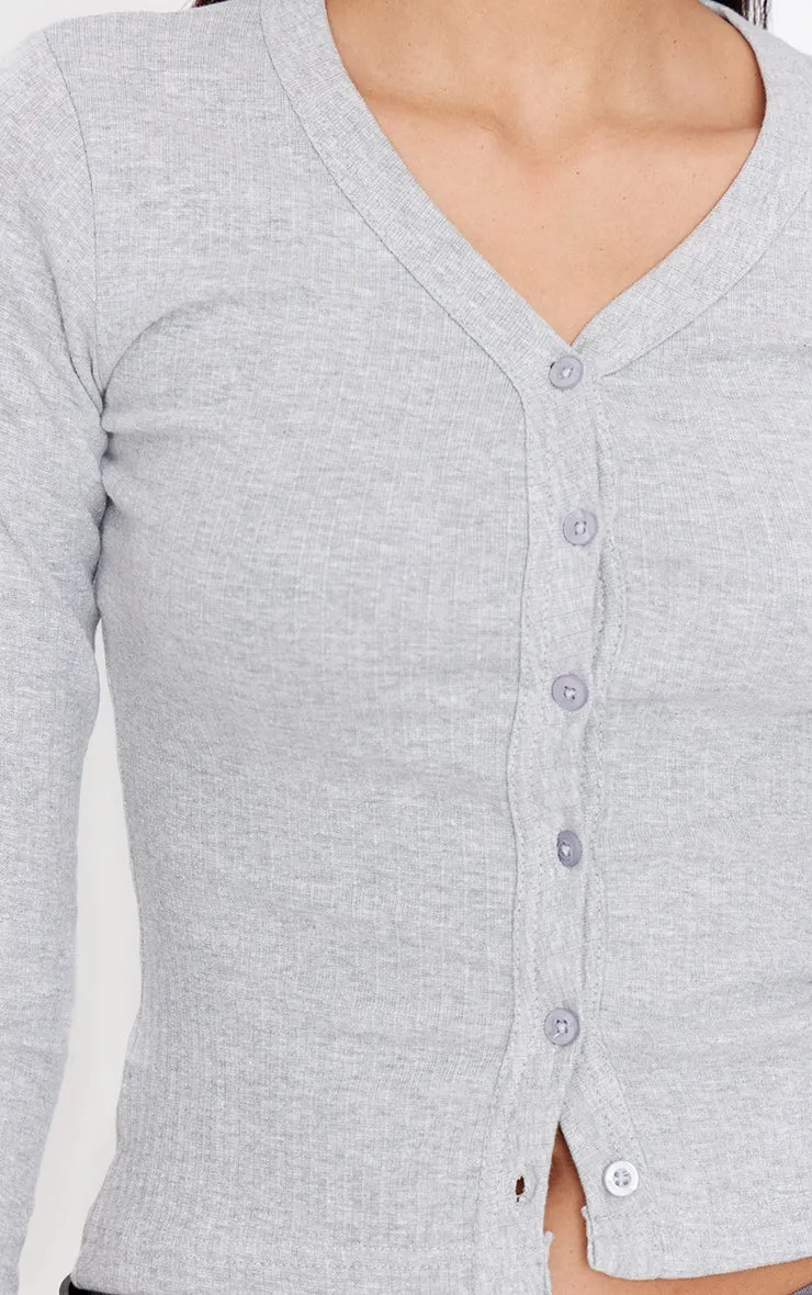 Ribbed Button Down V Neck Long Sleeve Top-PLT-2547-Grey