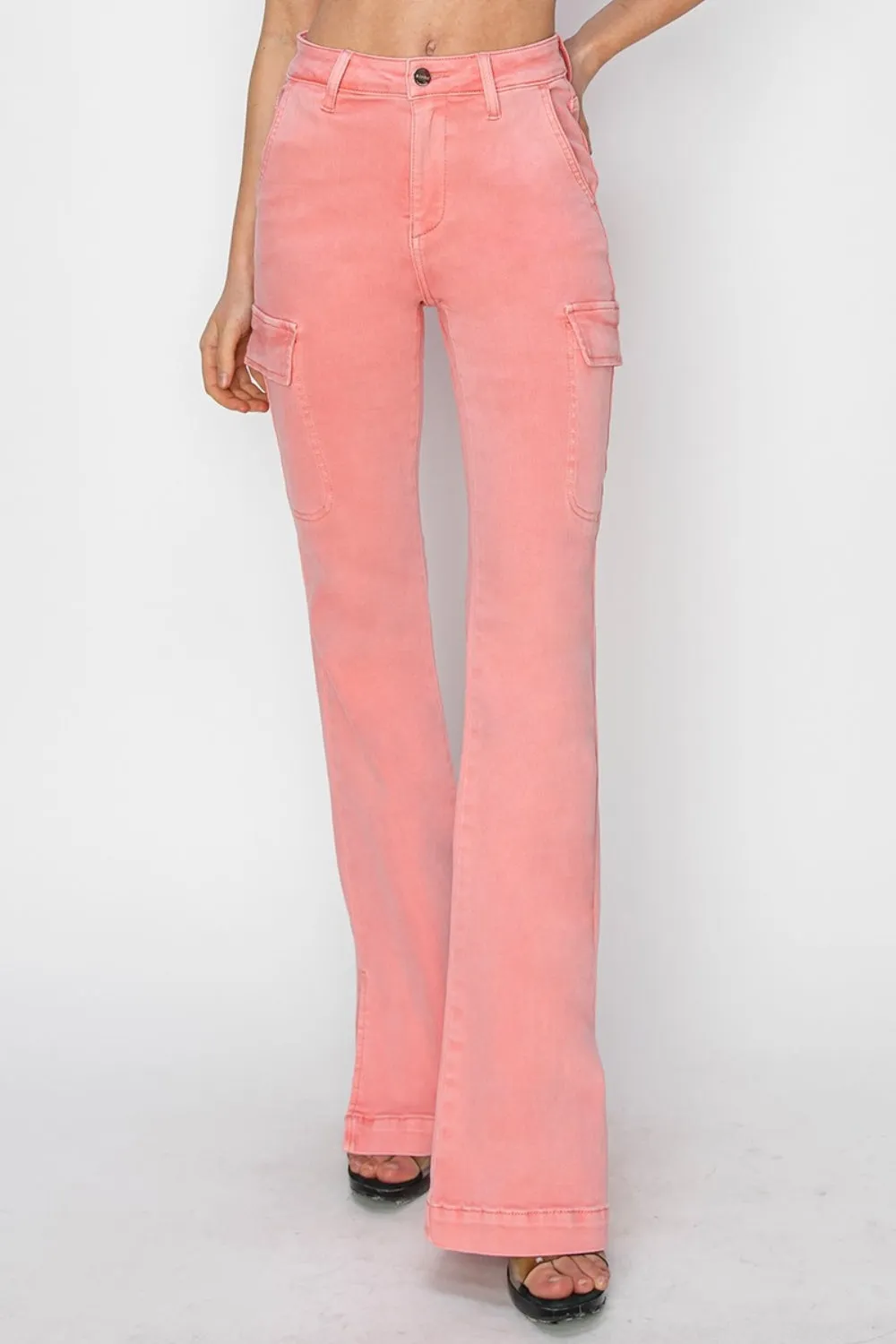 Risen Full Size High Rise Side Slit Cargo Bootcut Jeans