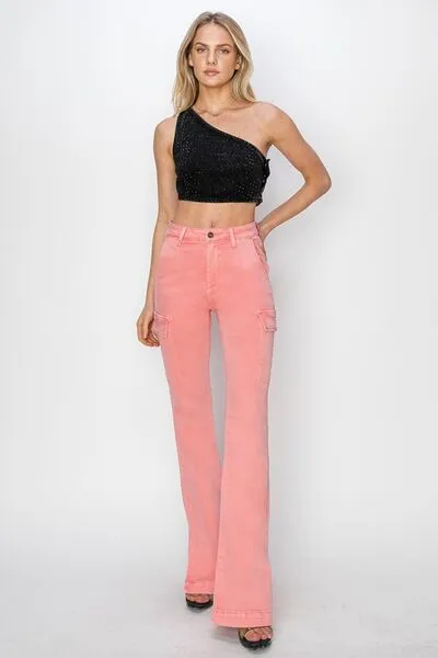 RISEN Full Size High Rise Side Slit Cargo Bootcut Jeans