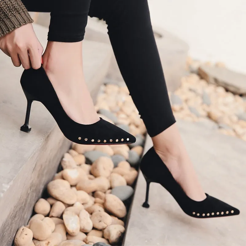 Rivets Pointed Tow Low Cut High Kitten Heel Party Prom Shoes