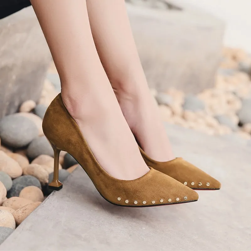 Rivets Pointed Tow Low Cut High Kitten Heel Party Prom Shoes