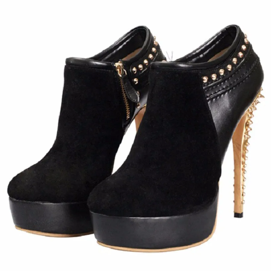 Rivets Side Zipper Platform Round Toe Super High Stiletto Heels Short Boots