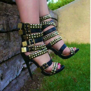 Rivets Straps Hasp Open Toe Stiletto High Heel Sandals