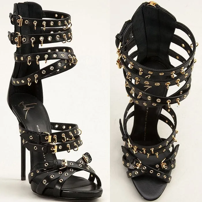Rivets Straps Peep Toe Back Zipper Stiletto High Heel Black Party Shoes