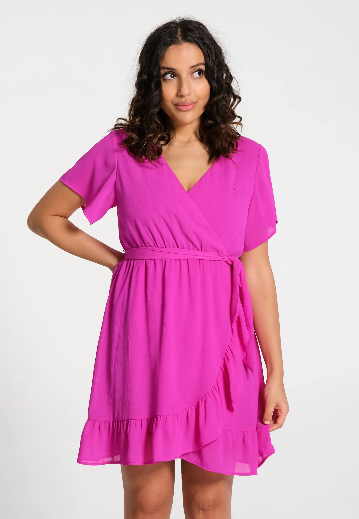 Robe femme courte fuchsia coupe cache-cœur avec ceinture nouée