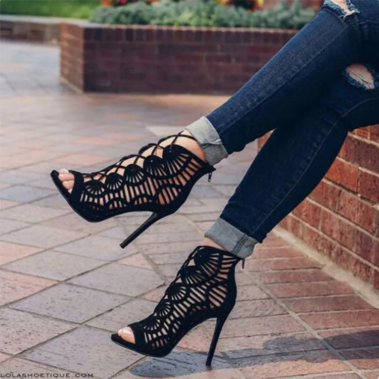Roman Hollow Stiletto Heel Suede Peep-toe Zipper High Heel Sandals