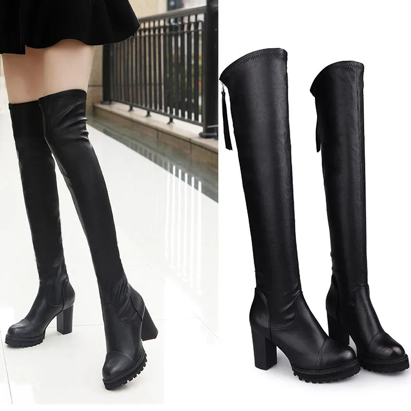 Round Toe Back Zipper High Chunky Heel Over-knee Long Boots