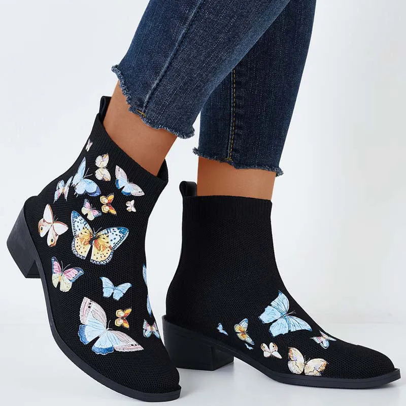 Round Toe Knitted Elastic Booties Pull on Block Heel Ankle Boots