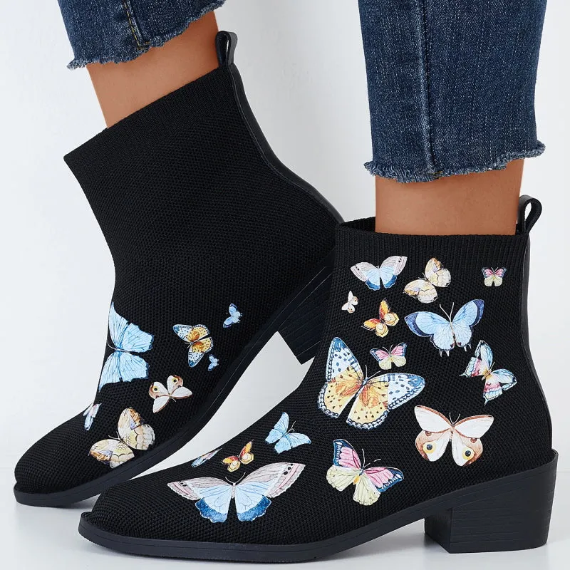 Round Toe Knitted Elastic Booties Pull on Block Heel Ankle Boots