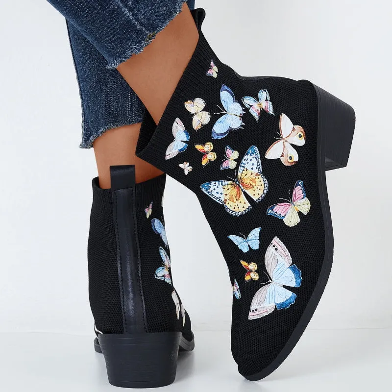 Round Toe Knitted Elastic Booties Pull on Block Heel Ankle Boots