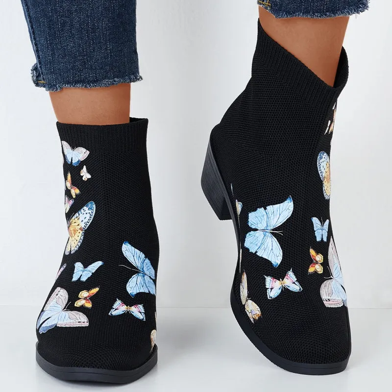 Round Toe Knitted Elastic Booties Pull on Block Heel Ankle Boots