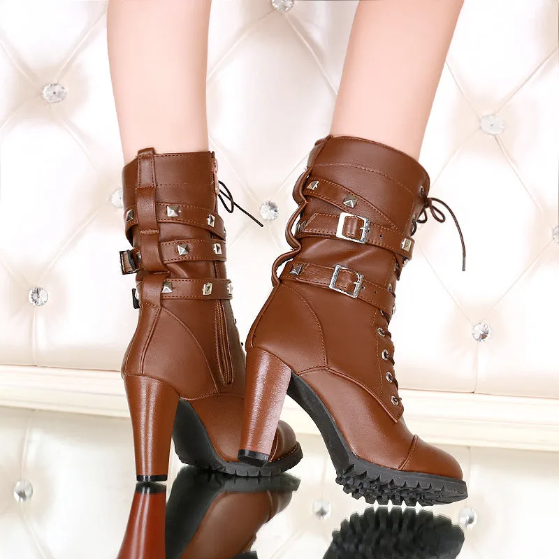 Round Toe Platform Rivets Lace Up High Heels Short Boots