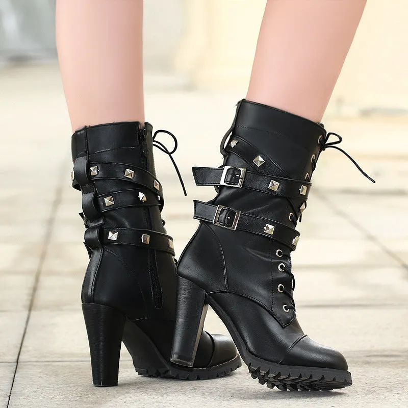 Round Toe Platform Rivets Lace Up High Heels Short Boots