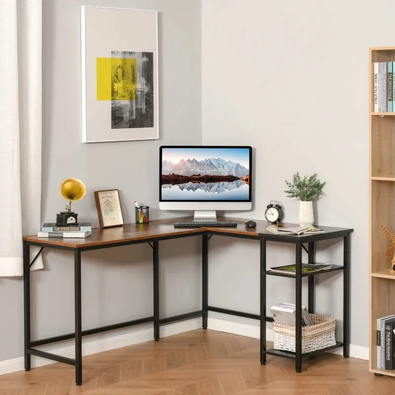 Rustic Brown L-Shaped Industrial Corner Desk with Adjustable Storage Shelf