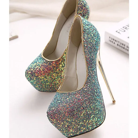 Sequins Platform Super High Stiletto Heel Round Toe High Heels Party Shoes