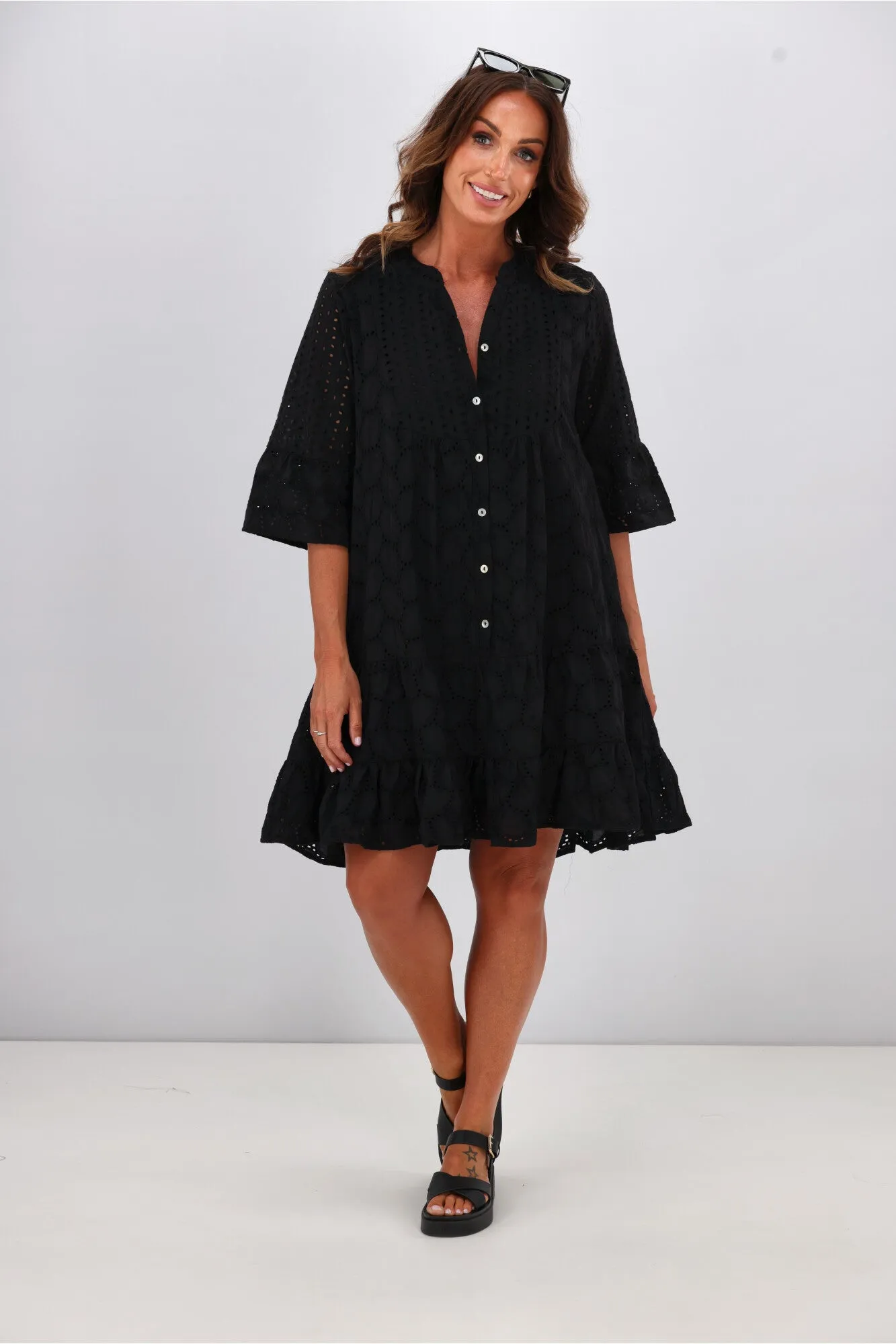 Shine On Label Kathryn Applique Baby Doll Dress Black
