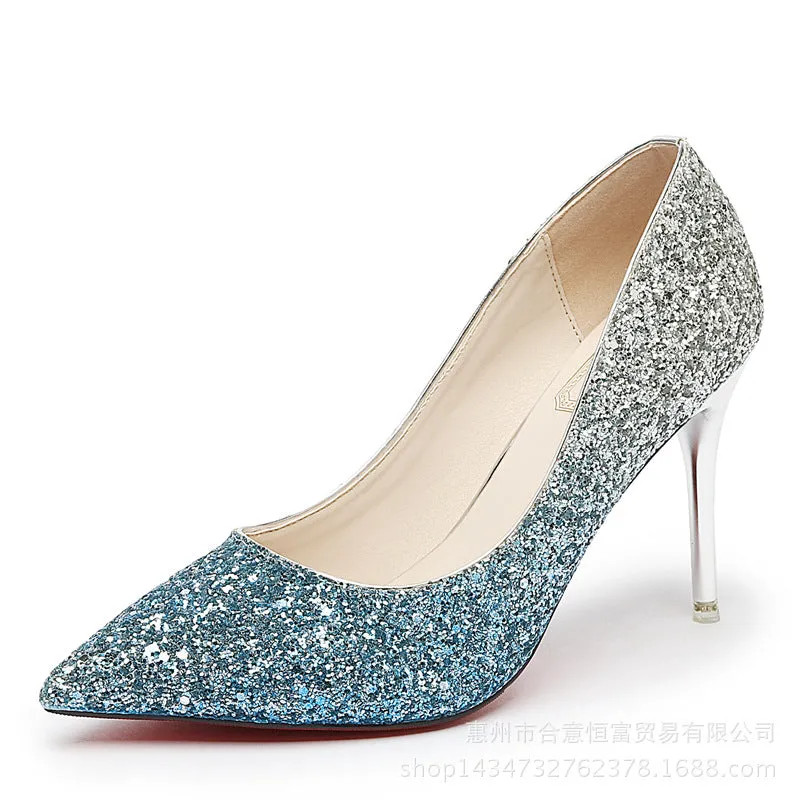 Shinning Crystal Gradient Pointed Toe High Stiletto Heel Party Shoes