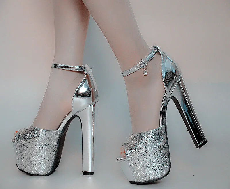 Shinning Peep Toe Ankle Wrap Platform Super High Heels Sandals