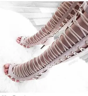 Straps Hollow Out Open Toe High Heel Thigh High Boot Gladiator Sandals