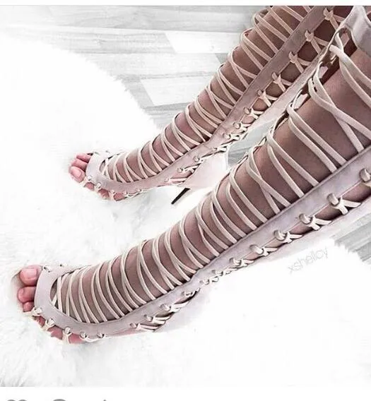 Straps Hollow Out Open Toe High Heel Thigh High Boot Gladiator Sandals
