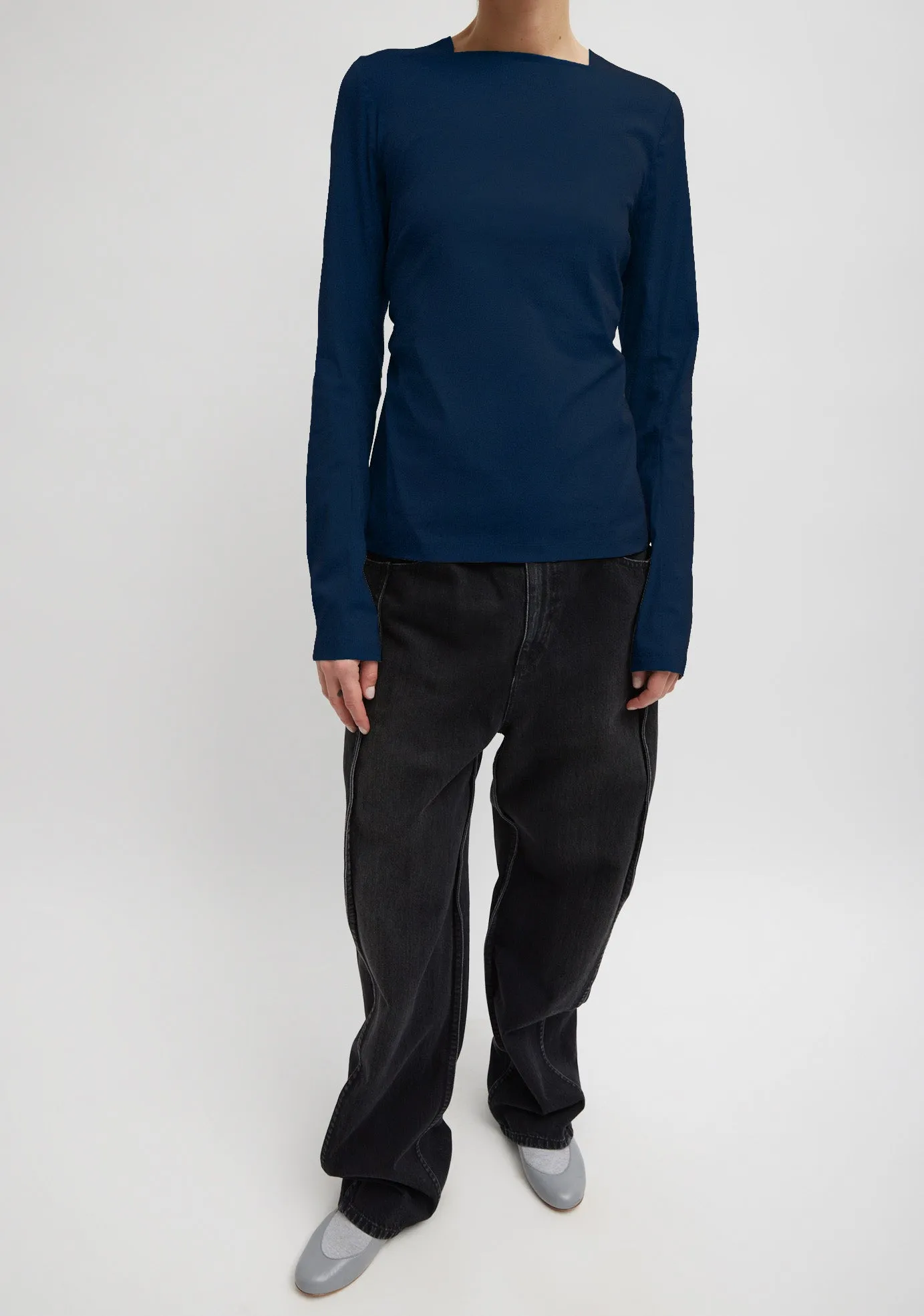 Stretch Cotton Nylon Square Neck Slim Circular Sleeve Top
