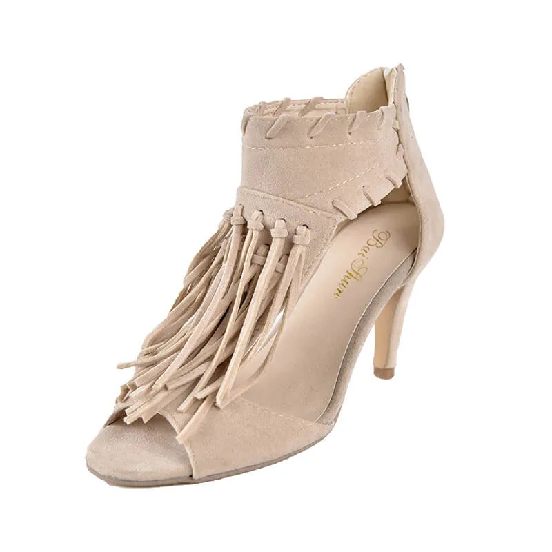 Tassels Straps Peep Toe Solid Color Stiletto High High Sandals