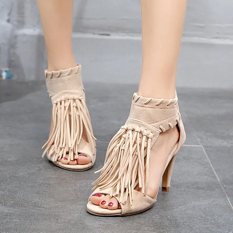 Tassels Straps Peep Toe Solid Color Stiletto High High Sandals